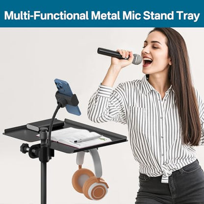Metal Microphone Stand Tray with Mic Stand Phone Holder - 11.7" x 7.8" Functional Large Mic Stand Tray Shelf for Studio, Concert, Karaoke Clamp on Music Stand Shlef Attachment - size: Metal Large Tray