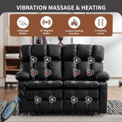 Loveseat Recliner Sofa with Massage & Heat, Wall Hugger Reclining Love seat with Adjustable Headrest, RV Double Recliner Couch with Cup Holders, Side Pockets, Home Theater Seating, Black - color: Black, size: Loveseat