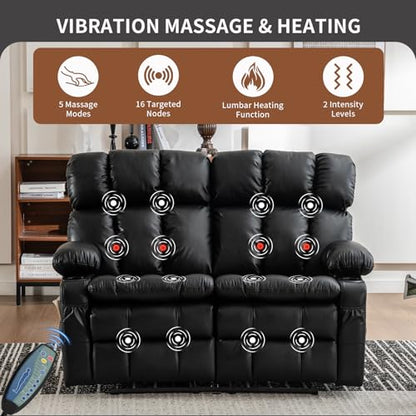 Loveseat Recliner Sofa with Massage & Heat, Wall Hugger Reclining Love seat with Adjustable Headrest, RV Double Recliner Couch with Cup Holders, Side Pockets, Home Theater Seating, Black - color: Black, size: Loveseat