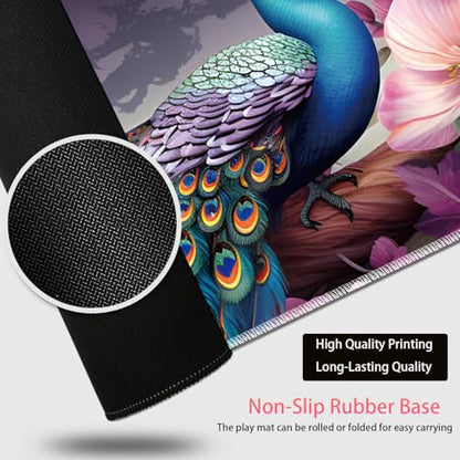 Large Gaming Mouse Pad + Mouse Wrist Rest Pad + Coaster Combination, 31.5 "x 11.8" Durable Non-Slip Extension Table Mat, Suitable for Office and Home, Peacock and Flowers - color: Peacock and Flowers