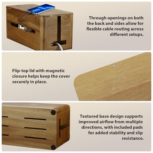 Large Acacia Wood Style Cable Management Box, Cord Organizer Power Strip Box with Magnetic Outlet Covers, Cord Hider for Desk and Floor Cable Storage, Ventilated Design