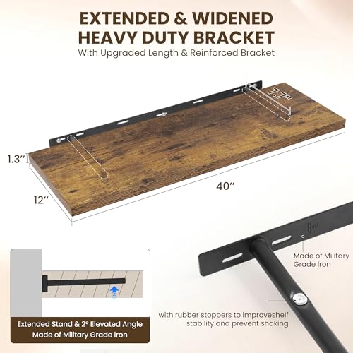 Dreamland 40" Floating Shelves for Wall, 12" Deep Slim Rustic Brown Floating Shelves, Wall-Mounted Shelves for Bedroom, Living Room, Kitchen, Bathroom - Set of 2