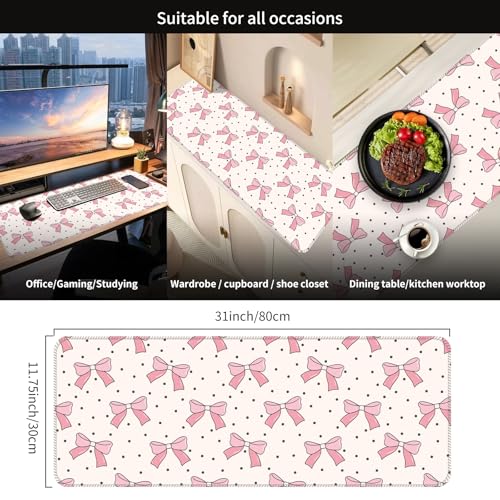 Large Gaming Mouse Pad, Full Keyboard Mat, Long Laptop Mousepad, Computer Mouse Mat for Home and Office, Anti-Slip Rubber Base, 31.5 x 11.5 Inches (Pink Bows with Polkadot) - color: Pink Bows With Polkadot