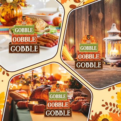 4 Pcs Fall Decorations for Home Thanksgiving Turkey Tiered Tray Decor, Fall Table Decor Farmhouse Rustic Wooden Turkey Block Sign Autumn Harvest Tabletop Centerpieces for Home Kitchen Indoor - style: Gobble Turkey