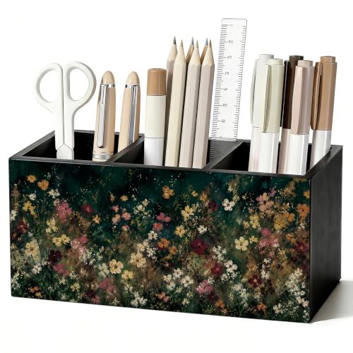 Moody Floral Pen Pencil Holder for Office Desk Accessories Decor | Cottagecore Office Accessories for Women, Wildflower Pen Pencil Wooden Organizer Decorations for Dorm Room Bedroom Tabletop - color: 04-Moody Floral(white02)