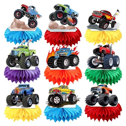 9pcs Monster Truck Honeycomb Decorations, Cool Car Racing Boy Girl Honeycomb Centerpiece table decor, Birthday Party Supplies Ornaments - color: Truck