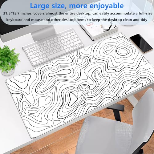 Topographic Desk Mat XL, White and Black Gaming Mouse Pad, Stitched Edges | Minimalist XL desk pad with an abstract black and white topographic print and premium anti-slip rubber backing. - color: White Topographic
