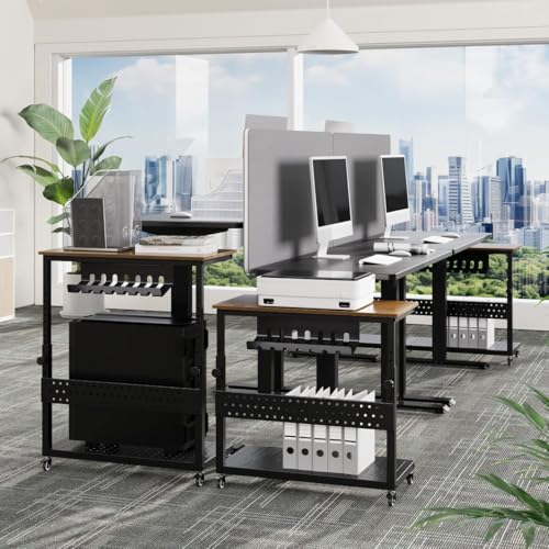 Garvee PC Computer Tower Stand with Wheels, 2-Tier Adjustable CPU Holder Cart, Rolling Mobile Desk Stand with Cable Management & Hooks, Small Side Table for Home Office/Gaming,Walnut - color: Walnut