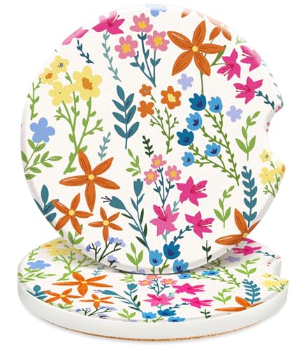 Swooflia Car Coasters for Women - Cute Colorful Flower Ceramic Car Cupholder Coaster Absorbent Mat Coaster with Cork Base 2 Pack 2.55 inch Automotive Cup Holder Accessories New Driver Gifts for Decor - color: Colorful Flower