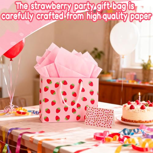 LERCTH Pink Strawberry Themed Gift Bag Set (12.99"x10.24"x4.92") – Tissue Paper, Greeting Card Included | Reusable Tote for Parties, Birthdays & Gifting (Girls, Women, Bridal) - color: Pink Strawberry Gift bag, size: 1 count (Pack of 1)