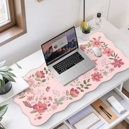 HAOCOO Desk Pad Mat, Pink Scalloped Desk Pad, Computer Desk Mat, Non-Slip Desk Pad for Keyboard and Mouse, Large Desk Mouse Pad with Egde Stitched, Waterproof Floral Keyboard Mat for Office (Hot Pink) - color: Hot Pink Wave