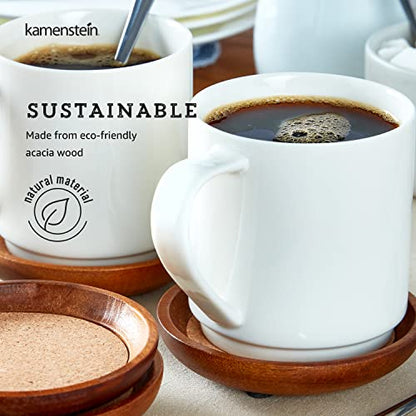 Kamenstein 4-Piece Acacia Wood Coaster Set with Cork Inserts - Drink Coasters Set of 4 with Non-Slip Felt Feet, Absorbent Cork Center, Stackable Storage, Natural Finish