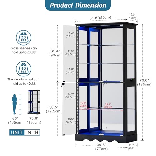 Dystler Display Cabinet with RGB LED Lights & Glass Doors, 5-Tier, Black | Human Sensor Lighting, Flexible Storage with Adjustable Shelves, Modern Design Curio Cabinet - color: Pure Black