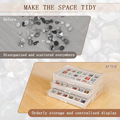 Bfttlity Acrylic Rock Display Case,54 Grids Rock Collection Box for Kids with Mini Magnifying Glass and Gloves, Clear Display Cases for Stones Collectibles Gemstone Crystals Storage Boxes - size: 54 Grids