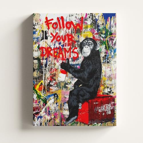 FLTABI Banksy Canvas Wall Art Monkey Street Graffiti Wall Art Decor Follow Your Dreams Inspirational Wall Art Ready to Hang for Living Room Bedroom Home Bathroom Wall Decor 16''Wx24''H / 40x60cm - color: Monkey, size: 16 x 24 inches