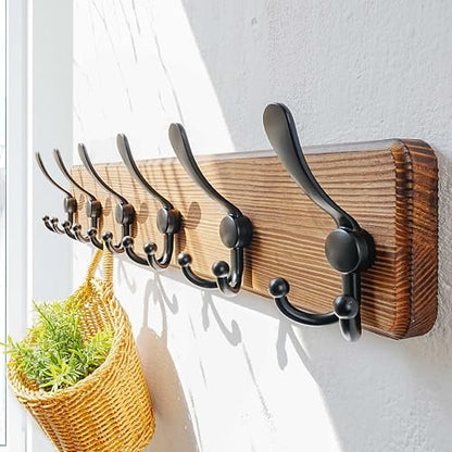 Dseap Coat Rack Wall Mounted - 24" Long 6 Tri Hooks, Heavy Duty Wooden Wall Coat Hanger Coat Hook for Clothes Hat Jacket Clothing, Natural and Black - color: Natural & Black, size: L=24"
