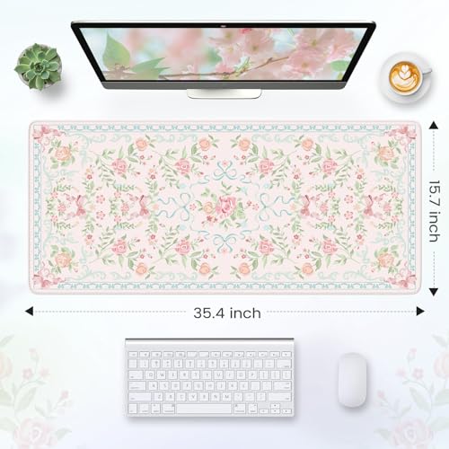 HAOCOO Blue Floral Keyboard Pad, 35.4" x 15.7" Large Mouse Pad for Desk, Non-Slip Waterproof Keyboard Mat, Cute Girly Desktop Mat for Office & Home Decor, Computer Desk Accessories with Stitched Edges - color: D-blue, size: 35.4" x 15.7"