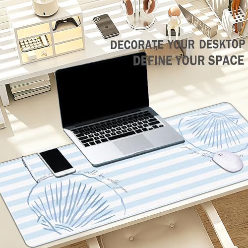 Coastal Mouse Pad Summer Blue Desk Mat, Christian Beach Large Desktop Mats for Desk, Blue and White Long Laptop Keyboard Mat Cute Seashell Gaming Desk Pad Mat Coastal Decor for Office Dorm 31.5x11.8 - color: Blue Coastal Seashel, size: 31.5L x 11.8W inche
