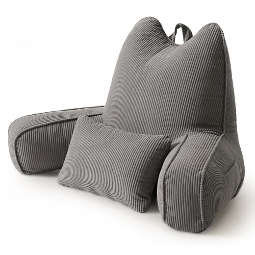 Patented Design Corduroy Reading Pillow with Arms, Ergonomic Bed Rest Pillow with Extra Lumbar Pillow for Sitting in Bed or Couch, Upper Back Support for Reading & Relaxing, Dark Grey - color: Dark Grey