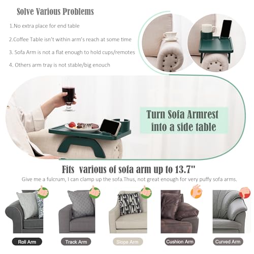 Nnewvante Couch Arm Table,3 in 1 Large 15.36"x9.85" Bamboo Sofa Arm Clip on TV Tray Table with 360°Rotated Phone/Cup Holder, Dark Green - color: Darkgreen