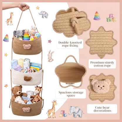 FoldTier Over the Door Hanging Basket 3 Tier Wall Mounted Organizer Bag with Bear Decoration Woven Cotton Boho Storage Hanging Nursery Baskets with Hooks for Nursery Living Room Bedroom Kitchen