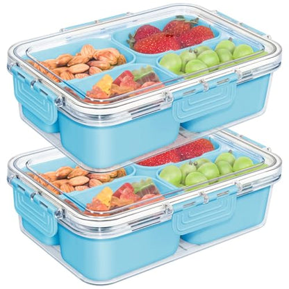 Small Snack Box Container, Updated PP Dishwasher Safe Divided Serving Tray with Lid, 4 Compartment Snack Box Container for Candy, Fruits, Charcuterie, Travel & Parties, BPA-Free, 2 Pack - color: Blue 2 Pack
