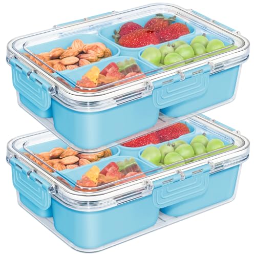 Small Snack Box Container, Updated PP Dishwasher Safe Divided Serving Tray with Lid, 4 Compartment Snack Box Container for Candy, Fruits, Charcuterie, Travel & Parties, BPA-Free, 2 Pack - color: Blue 2 Pack