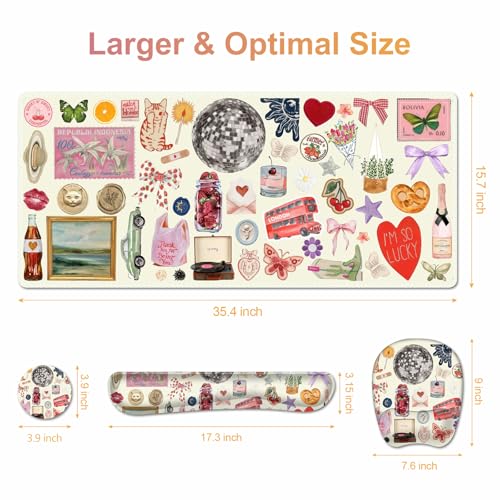 Beige Mouse Pad with Wrist Support 4 in1 Set, XXL Big Game Mousepad + Keyboard Wrist Rest + Mouse Wrist Rest Pad +Coaster Gaming Mat for Home Office Work Computer I Cute Design Stickers - color: Cute Design Stickers