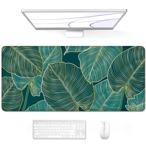 Auhoahsil Desk Pad, XL Extended Large Gaming Mouse Pad 31.5 x 11.8 Inch, Waterproof Mousepad with Stitched Edge, Non-Slip Computer Keyboard Laptop Mat for Women Men Office Work, Teal Tropical Leaves - color: 01 Beach Palm Tree Leaves, size: XL - 11.8 x 31