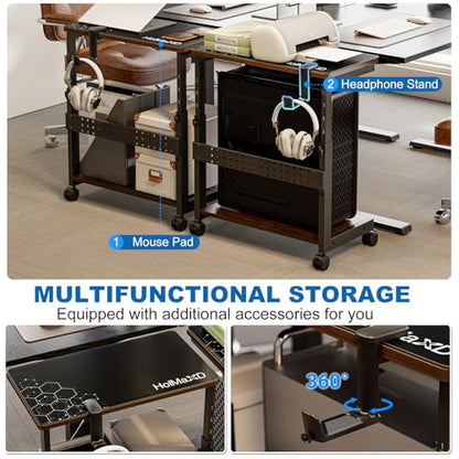 Height Adjustable Computer Tower Stand, 2-Tier ATX-Case CPU Holder with Mouse Pad & Headphone Stand, Mobile PC Standing Under Desk, Home Office Gaming Accessories, Computer Cart, Walnut - color: Walnut