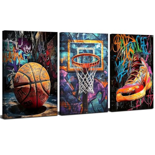 Basketball Graffiti Wall Art Prints Teen Boys Room Wall Decor Retro Sports Themed Basketball Court Sneakers Posters Mens Bedroom Dormitory Abstract Pop Street Artwork Living Room Decorations 12x16" 3P - color: Basketball, size: 12"l X 16"w