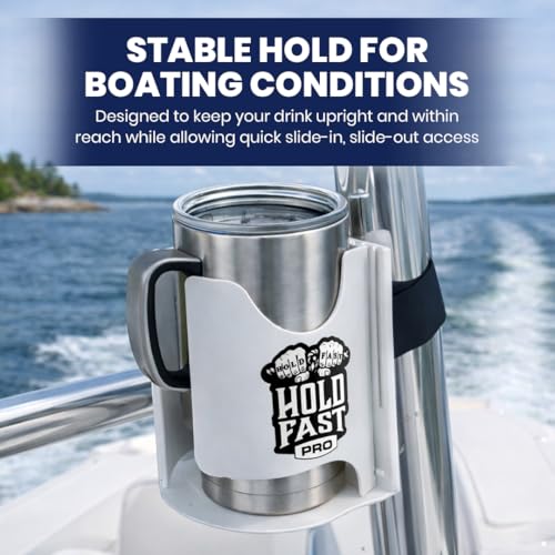 HoldFastPro Boat Cup Holder, Adjustable Universal Boat Cup Caddy for Rails & Grab Bars, Marine Drink Holder for Center Console, & T-Top Mounting, White - color: White