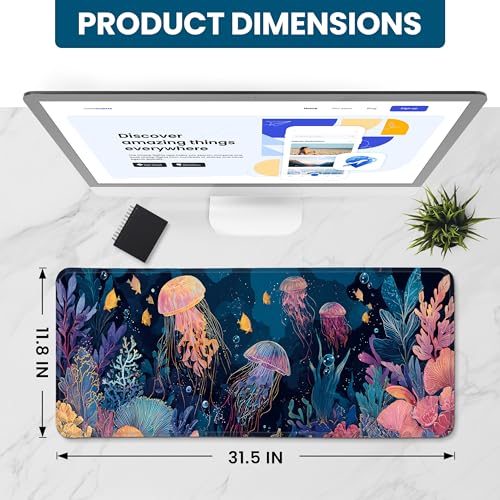 Large Mouse Pad for Desktop, Cute Desk Mat Pad Protector for Work & Gaming, Aesthetic Pretty Anti-Slip Laptop Blotter Cover for Office School Home Supplies, Jellyfish, 31.5" x 11.8" - color: N-Jellyfish, size: 31.5L x 11.8W inches