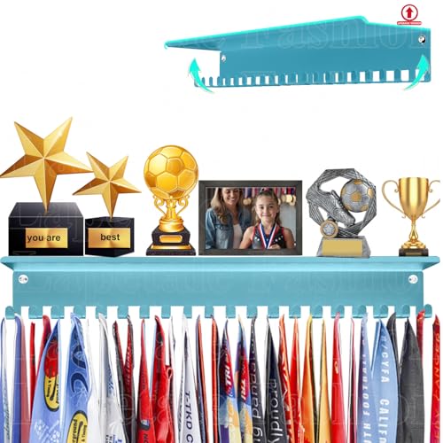 Non-Slip Trophy Shelf,Trophy and Medal Display Shelf, Medal Hanger Display For Wall with 16inchL,Shelves For Trophies medal display Upgraded Medal Holder display For gymanstics,race,soccer,swim - color: Blue, size: Non Slip-16 Inches Long 20 hooks