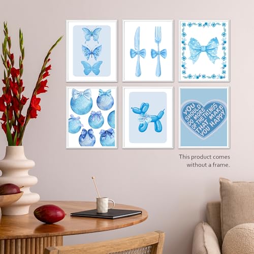 Isfvqyub Preppy Blue And White Butterfly Wall Art, Aesthetic Balloon Dog Poster For Girl Boy, Trendy Coquette Bow Wall Decor For Bedroom Dorm College Apartment Office, Set Of 6 -A07 - size: Blue And White Butterfly