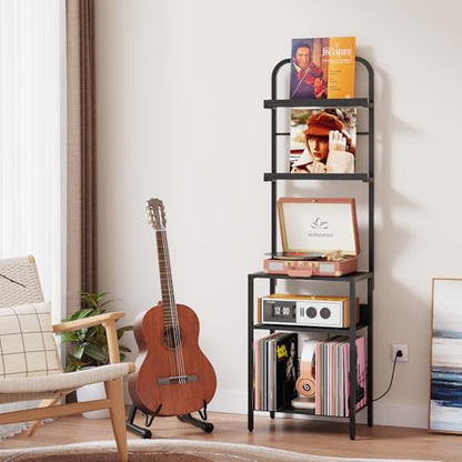 Homsorout Record Player Stand with Vinyl Storage - 5-Tier Turntable Table with Power Outlet, Adjustable Feet, Metal & Wood Cabinet - Console Organizer Display Shelf for Living Room, Apartment - style: Black With Socket