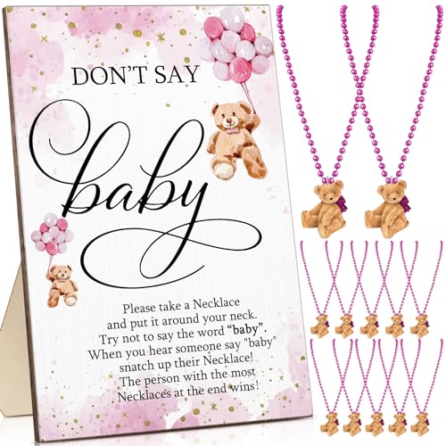 Roowest 51 Pcs Don't Say Baby Shower Game Wooden Bear Sign Table Decor Gift Sets 50 Bear Necklaces for Baby Shower Gender Reveal Games Party Favor(Pink) - color: Pink