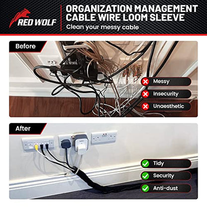 RED WOLF Cable Sleeves Cord Management Braided Wire Loom Split Sleeving 3/8 Inch x 10 FT Protector Wiring Cable Cover Flexible Self-Wrap for Automotive Home Office Anti-Scratch High-Temperature Black - size: 3/8" x 10FT