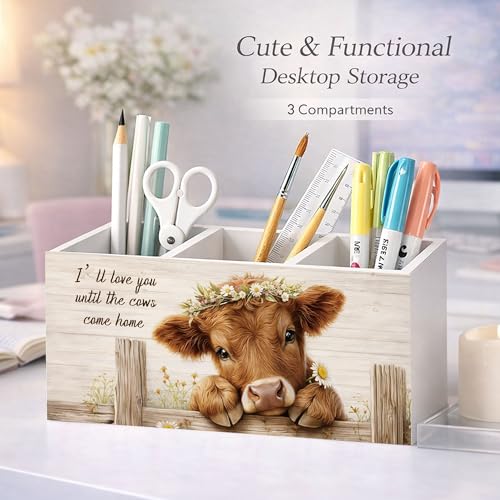 Highland Cow Wooden Desk Organizer Pen Holder | Farmhouse highland cow desk decor with 3 compartments; wooden pen holder for office supplies, home desk, or cow lover gift. - color: Cows Come Home