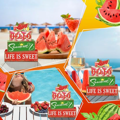 Britimes 4 Pcs Summer Wooden Tiered Tray Decor Set, Sweet Watermelon Table Decor Life is Sweet Farmhouse Rustic Wooden Coffee Table Centerpieces for Home Kitchen Office Decorations (Watermelon Style) - style: Watermelon