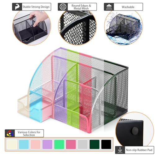 Boutilon Mesh Desk Organizer Desktop Office Supplies Stationary Organizer with 6 Compartments and 1 Drawer Multi-Functional Caddy Pen Holder for Home Office School Desk Decor(Rose Red) - color: Rose Red