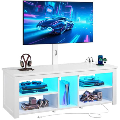 TV Stand with Mount for 55/65/70 Inch TVs Wood TV Stands for Living Room with Power Outlet & LED Lights Entertainment Center Gaming Console for Bedroom, Height Adjustable Swivel TV Mount, White - color: White