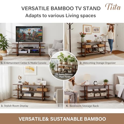 Tiita Wooden TV Stand for 65 Inch TV, Modern Media Console Table with 3-Tier Storage Shelves, Long Entertainment Center for Living Room, Walnut TV Stand with Open Display Rack - color: Walnut With 3 Layers