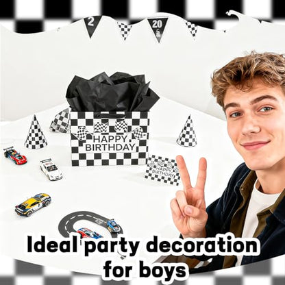 LERCTH Racing Car Happy Birthday Bag Black Grid Gift Bags Paper Tote Bag with Handles Gifts Wrap Paper Reusable Birthday Gift's Bag for Men Women Boys Teenager Soccer Boy - color: Checkered Racing gift bag, size: 1 count (Pack of 1)