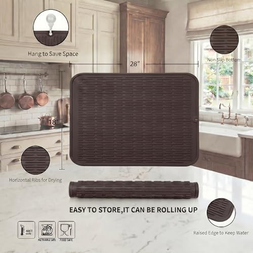 MicoYang Silicone Dish Drying Mat for Multiple Usage,Easy clean,Eco-friendly,Heat-resistant Silicone Mat for Kitchen Counter or Sink,Refrigerator or Drawer Liner Coffee 3XL 28 inches x 18 inches - color: Coffee, size: 28"L x 18"W