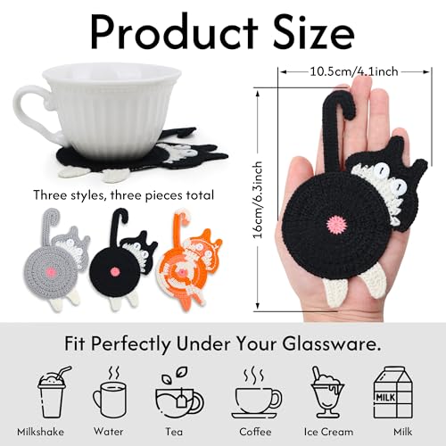 Cat Coasters, 3PCS Cat Gift for Cat Lovers, Gift for Her, Funny Gifts, Coasters for Drinks (Black & White, Orange, Grey & White) - color: Cat Coasters B