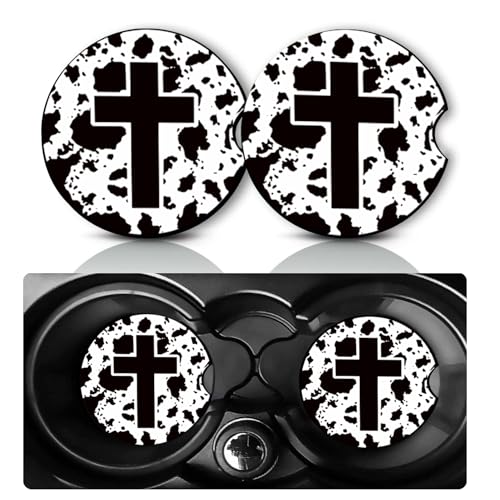 2 Pack Cross Christian Car Cup Holder Coasters Neoprene Anti Slip Mat | Cow Print Cross Car Accessories Interior Decor 2.75" Universal Size Insert Auto Coasters Religious Gifts for Women Men - color: Cowprint Cross