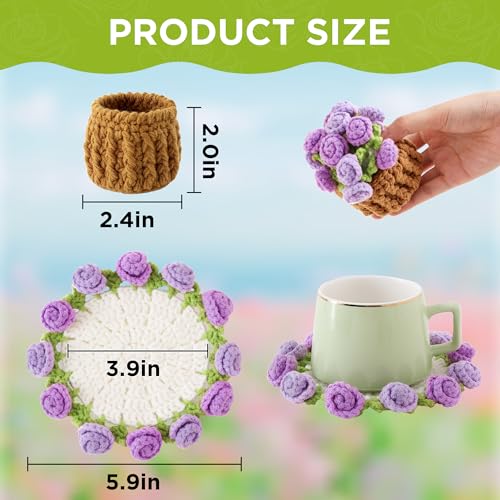 Flower Crochet Coasters, Handmade Bouquet Blanket Coaster with Crochet Plant Pot Fun Soft Decorative Drink Coasters for Coffee Tabletop Protection and Home Decor (Lavender Purple, 1Pc) - color: Lavender Purple, size: 1Pc