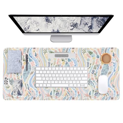 AUPET Leather Desk Blotters Large Mouse Pad – Geometric Art PU Desk Mat, Non-Slip Desk Pad Protector,Waterproof Desk Writing Pad for Office Home (Sea Waves, 23.6X13.7 inch) - color: Sea Waves, size: 23.6X13.7 inch
