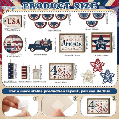 20 Pcs 4th of July 250th Anniversary Patriotic Tiered Tray Decoration USA Flag Wood Signs Rustic Independence Day Wooden Tiered Tray Decorations for Labor Memorial Day Home Party - style: Classic Style